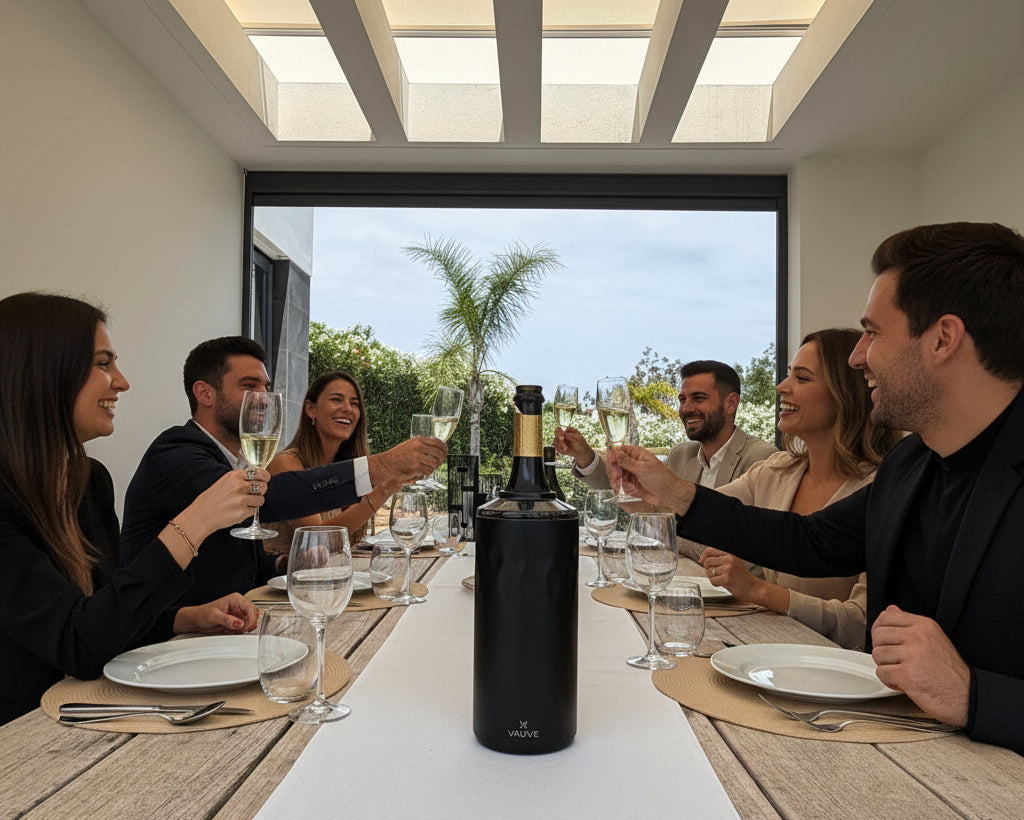Group of people enjoying a meal together with wine at a modern dining table.